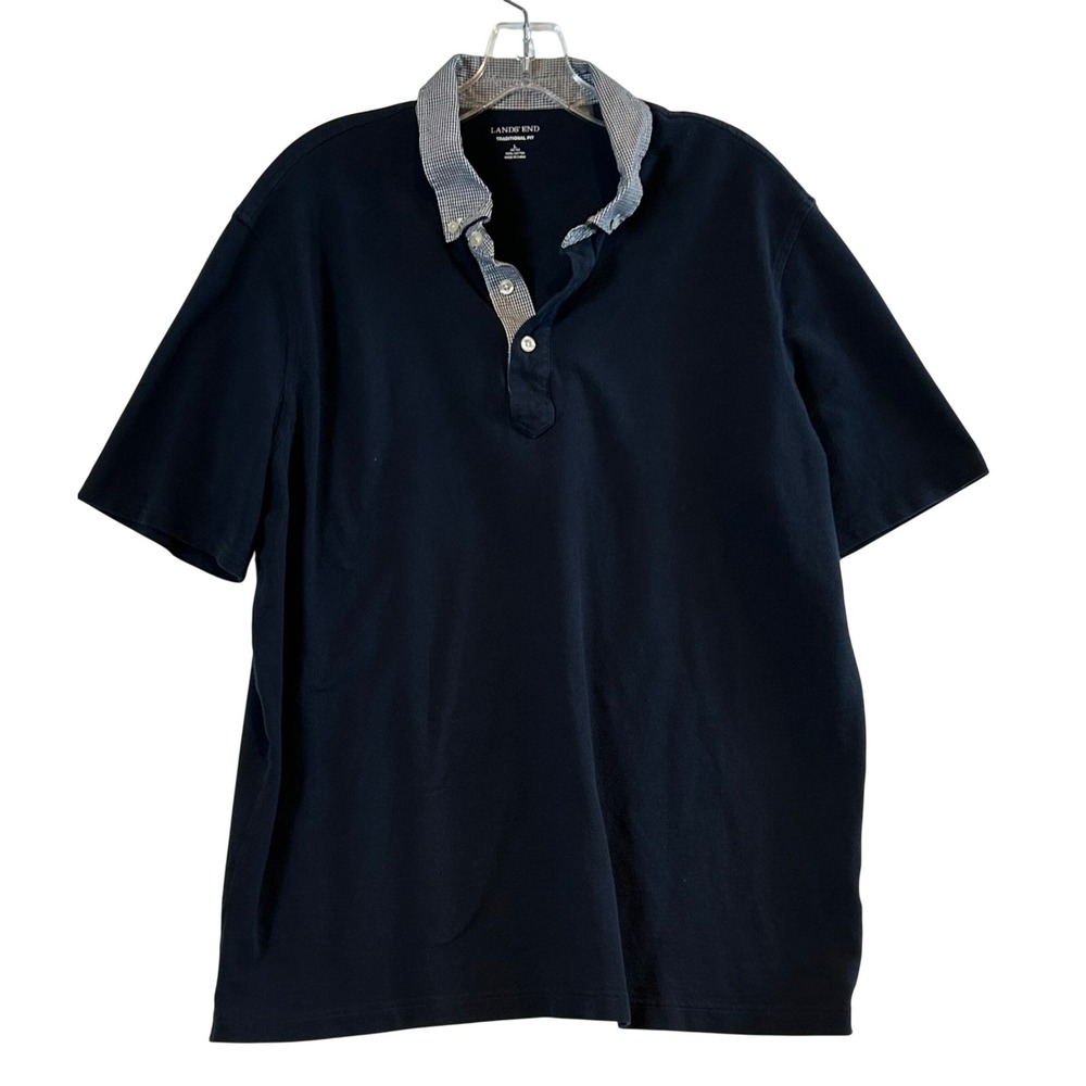 Lands End Mens Navy Blue Gingham Trim Cotton Pique Polo Shirt Large 42-44 Preppy - Picture 1 of 7